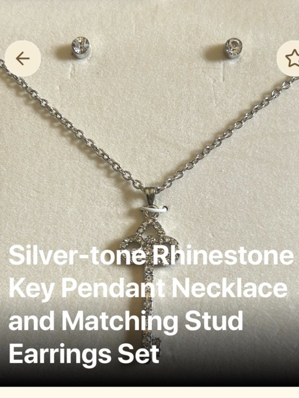 Elegant Silver-tone Rhinestone Key Pendant Necklace & Matching Stud Earrings Set
